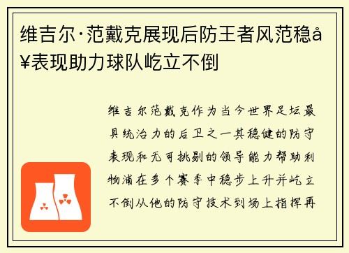 维吉尔·范戴克展现后防王者风范稳健表现助力球队屹立不倒