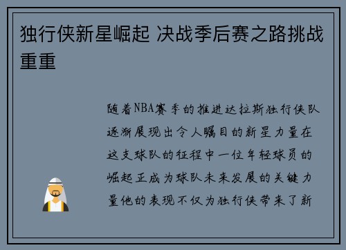 独行侠新星崛起 决战季后赛之路挑战重重